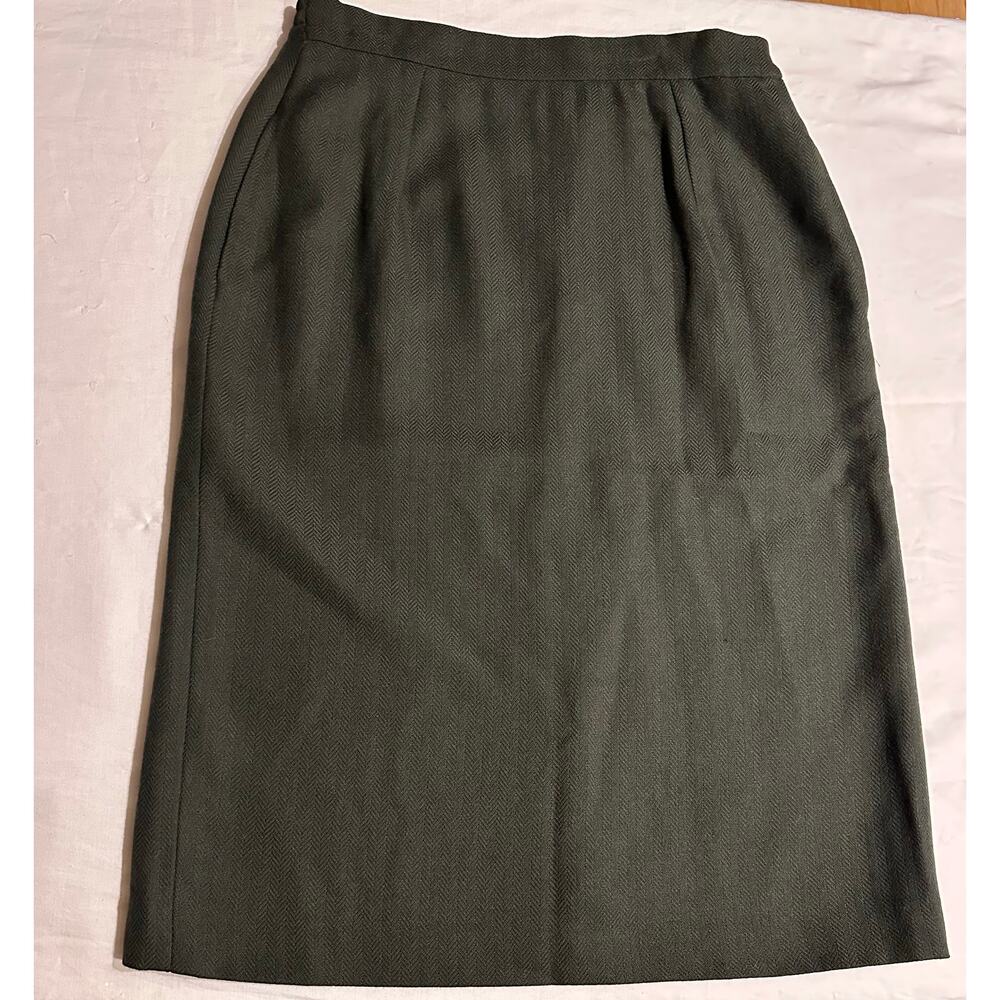 Avoca Wool Herringbone Tweed Skirt Size Med Olive Green Lined Ireland Vtg preppy